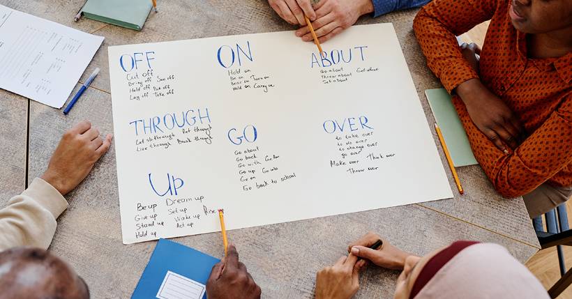 Students working on a poster