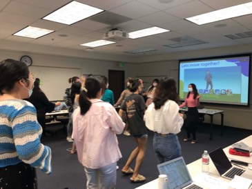 Class demonstration with dancing to learn about the present progressive tense.