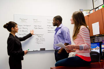 Professor pointing at white board with students in classroom
